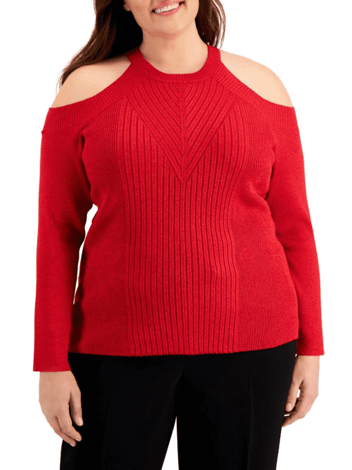 Plus Size Shine Cold-Shoulder Sweater, Real Red 2X - Image 2