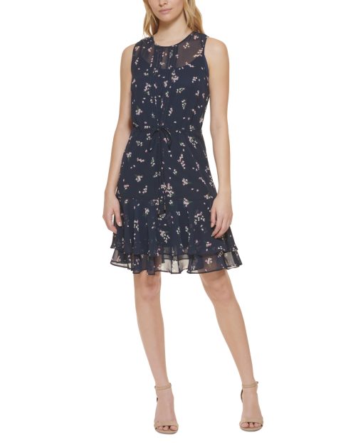 Tommy Hilfiger Petite Floral-Print Fit & Flare Dress - Sky Captain/ English Rose 4P