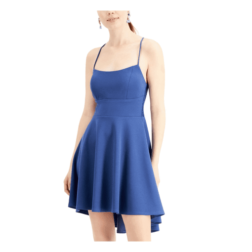 Womens Blue Lace Zippered Hi-lo Spaghetti Strap Scoop Neck Mini Party Fit + Flare Dress Juniors - Image 2