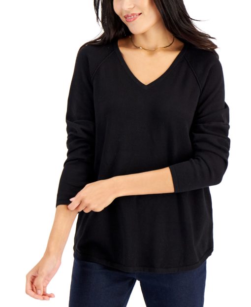 Karen Scott Petite Cotton V-Neck Curved-Hem Pullover Sweater, - Deep Black PS