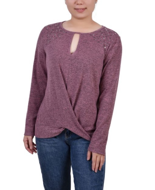 NY Collection Petite Long Sleeve Knit Keyhole Top - Mauve PXL