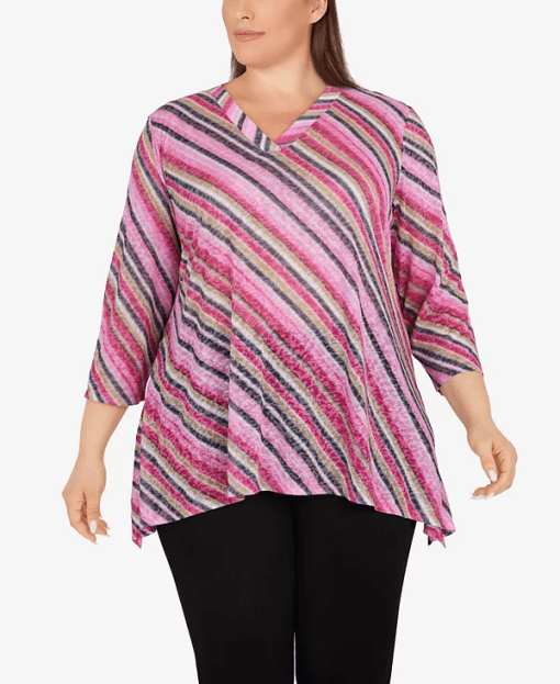 Pink Stripe Plus Size V-Neck Top | Women's Blouse - Image 2