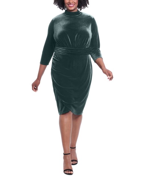 London Times Plus Size Mock-Neck Velvet Blo Hunter Green 18W