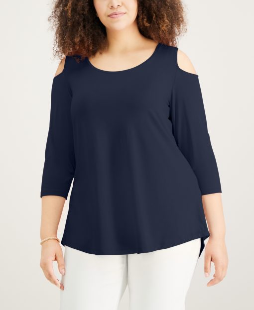 JM Collection Plus Navy Cold Shoulder Top - Plus Size Blouses