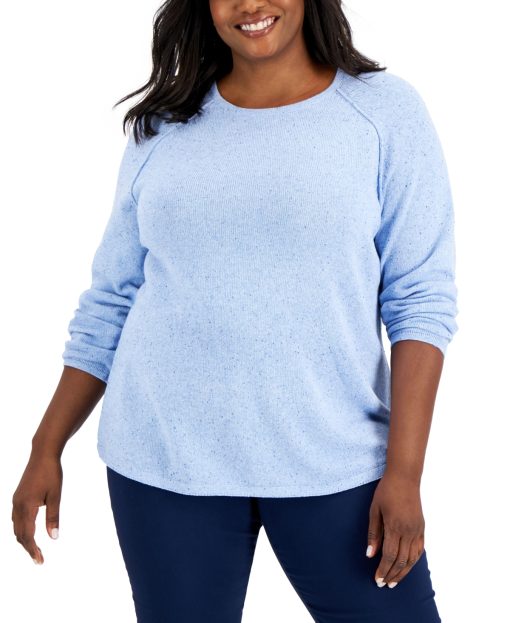 Karen Scott Plus Size Curved-Hem Nep Sweater, - Light Blue Heather Nep 3X