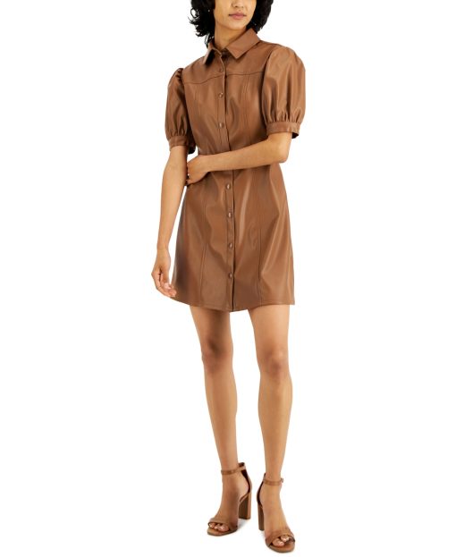 Kit &  Sky Womens Juniors Faux Leather Puff Sleeves Shirtdress S