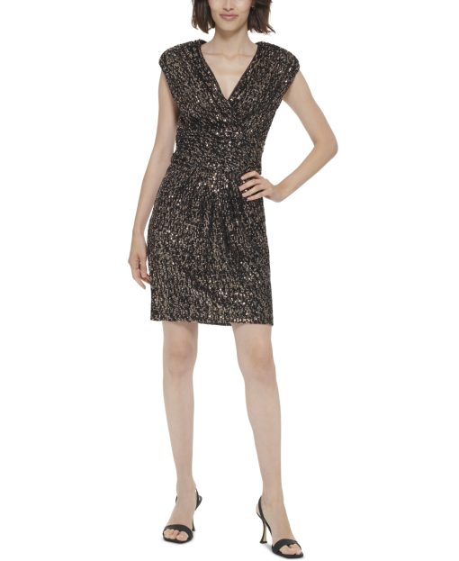 Calvin Klein Womens Sequined Surplice-Neck Bronze Black 12