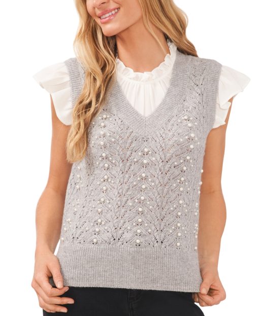 CeCe Womens V-Neck Imitation Pearl Light Heather Grey S