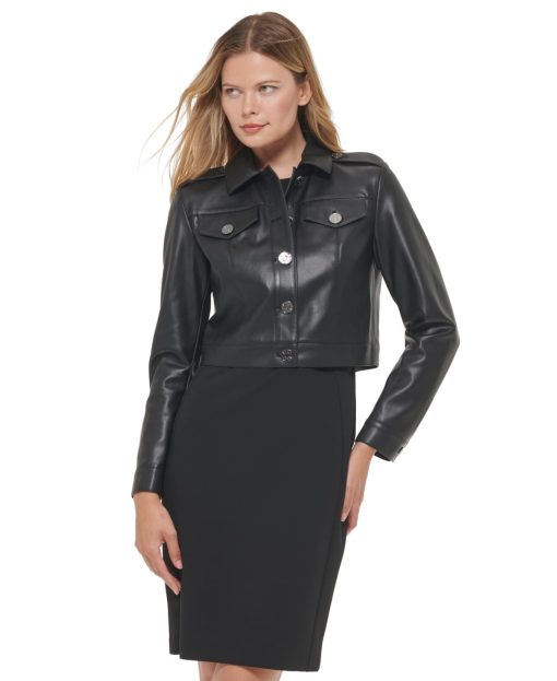 DKNY Womens Faux-Leather Cropped J Black 12