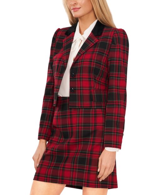 CeCe Women's Velvet Trim Plaid Two-Button Blazer XS