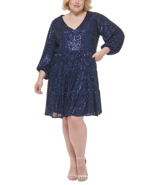 Eliza J Plus Size Sequined Long-Sleeve Navy 16W