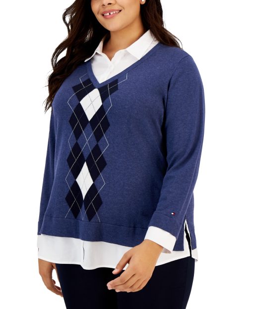 Tommy Hilfiger Plus Blue Argyle Sweater Top - Plus Size