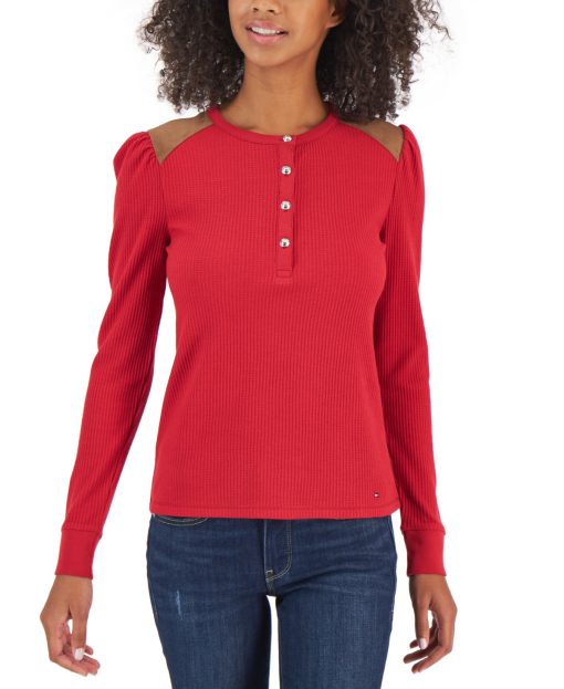 Tommy Hilfiger Women's Faux Suede Trim Henley Top Red Size Large