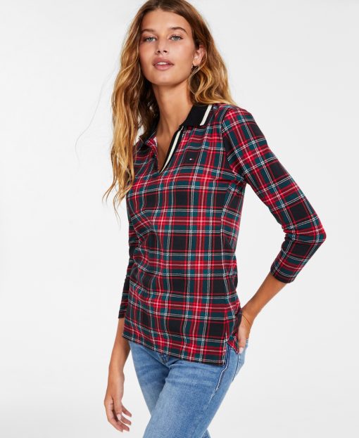 Tommy Hilfiger Women's Striped Collar Plaid Pullover Top S