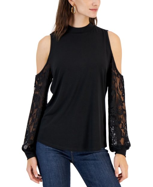 Willow Drive Women's Lace-Sleeve Cold-Shoulder Top - Black XS