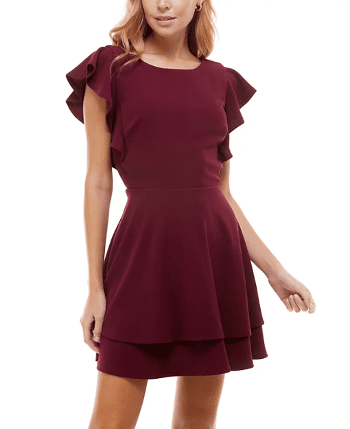 Crystal Doll Juniors' Ruffle-Sleeve Fit & Flare Dress - Burgundy S - Image 2