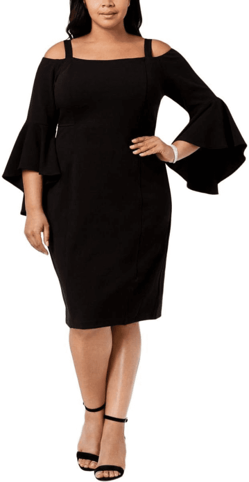 R&M RICHARDS Womens Black Cold Shoulder Bell Sleeve Jewel Neck Midi Party Sheath Dress Plus 20W - Image 2