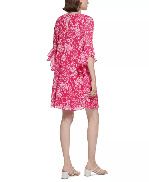 CALVIN KLEIN Womens Pink Ruffled Floral 3/4 Sleeve V Neck Above the Knee Shift Dress SIZE4 - Image 2