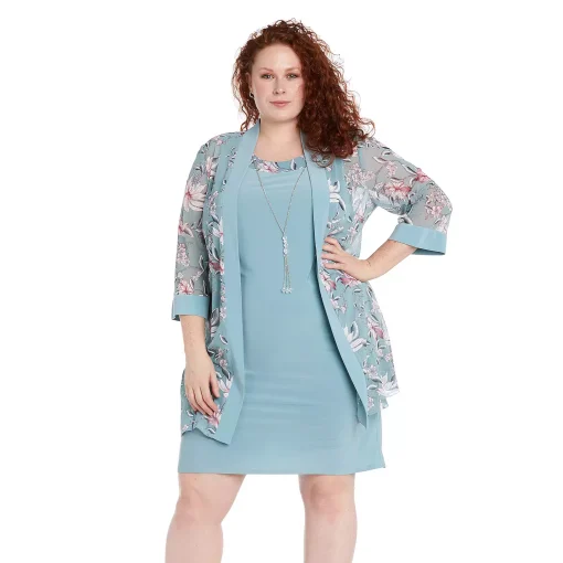 R & M Richard’s Plus Size Printed Jacket & Necklace Dress Set- Slate 18