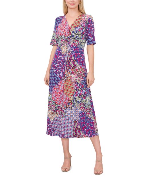 Msk Women's Mixed-Print Twist-Front MIDI Dress - Cobalt