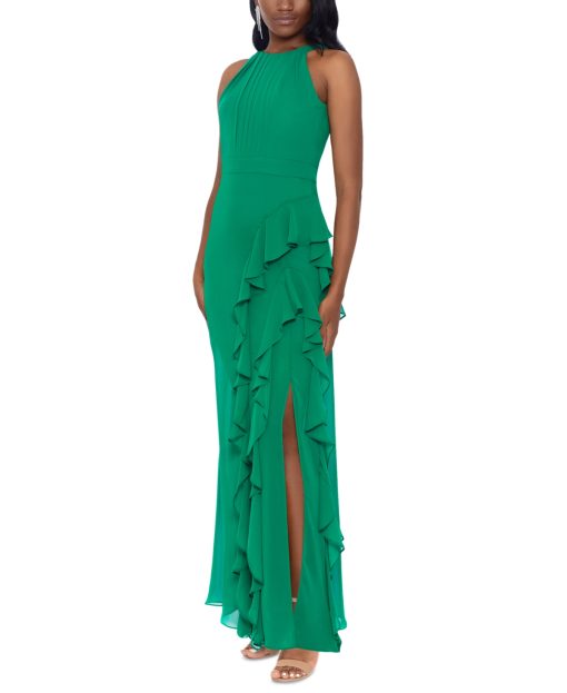 Betsy & Adam Halter-Neck Ruffled Gown - Emerald