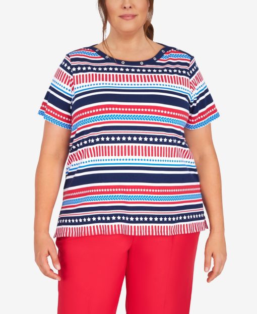 Alfred Dunner Women's Plus Land of the Free Americana Stripe Top, Multi 2X