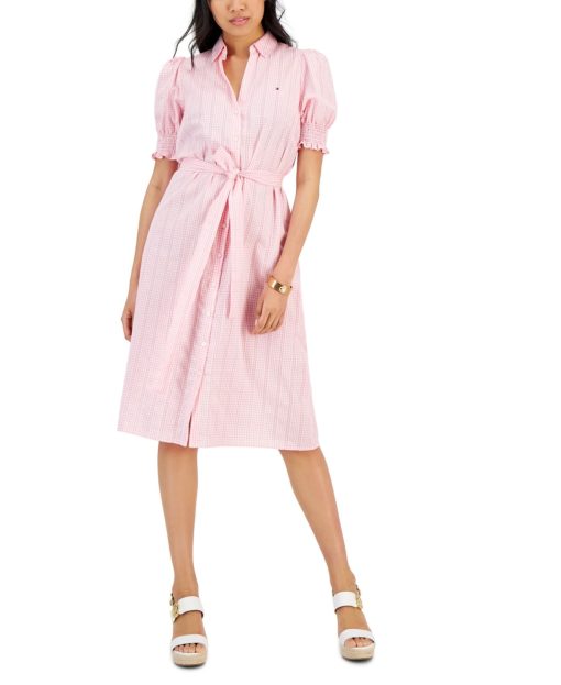 Tommy Hilfiger Womens Puff Sleeve Gingham Mi Dobby Gingham- English Rose B L