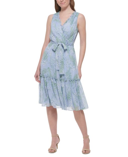 TOMMY HILFIGER Women's Blue Zippered Ruffled Tie Belt Floral Sleeveless Round Neck MIDI Fit + Flare Dress 6