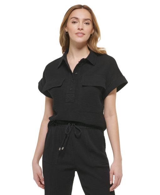 Calvin Klein Women's Pocket Cotton Camp Shirt - Black - Size S