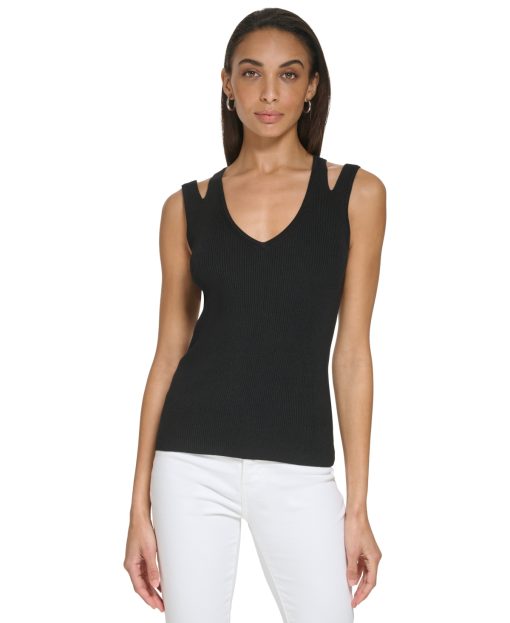 Calvin Klein Womens Cut-Out-Shoulder Ribbe Black XL