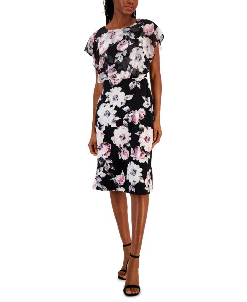 Connected Petite Floral-Print Chiffon Overlay MIDI Dress - Lilac 12P