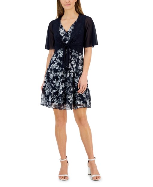 Connected Petite Navy Floral Dress with Jacket - Size 12P - Dresses