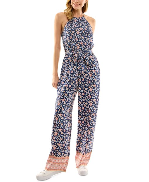 Kingston Grey Juniors' Printed Halter Wide-Leg Jumpsuit XS