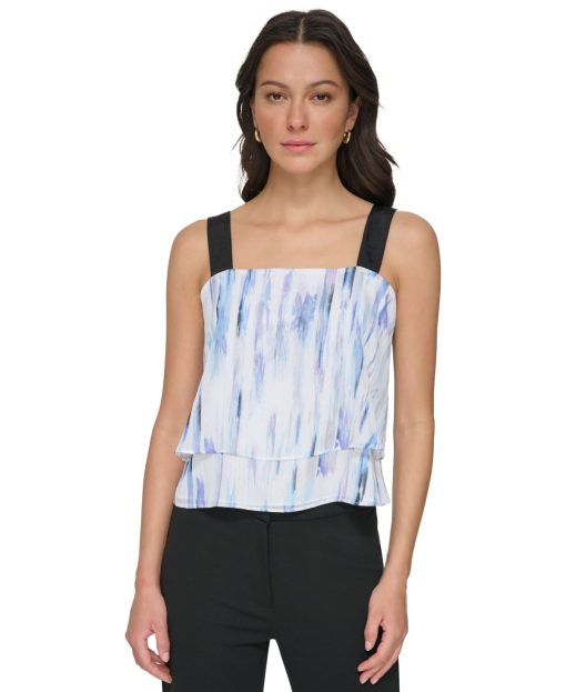 DKNY Tiered Chiffon Square Neck Top WhiteFlint Multi L