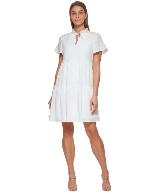 DKNY Womens Split-Neck Ruffle-Slee Ivory 12