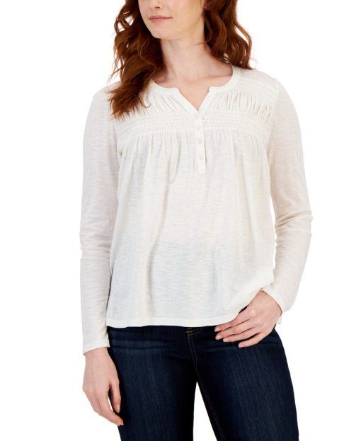 Style & Co Petite Ivory Smocked Top - Long Sleeve Blouse - PXL