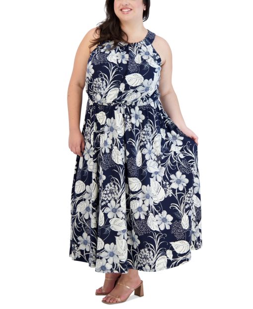 Robbie Bee Plus Size Jersey Halter-Neck Maxi Dress - Navy/Ivory 1X