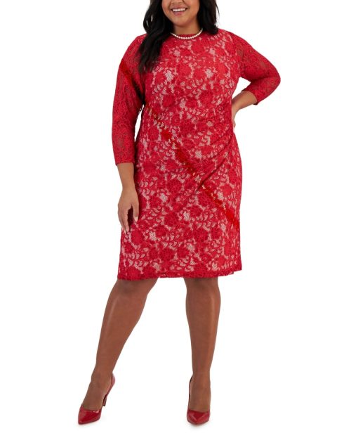 Kasper Plus Size Laurissa Lace Sheath Crimson Cream 3X