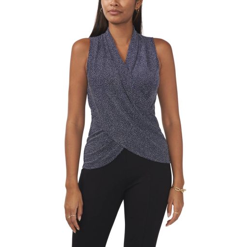 Msk Women's Sleeveless Crossover-Front Glitter Top - Navy Silver L