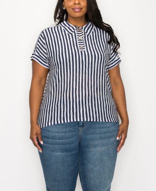 COIN 1804 Plus Size Navy Stripe Top - Women's Blouse 2X