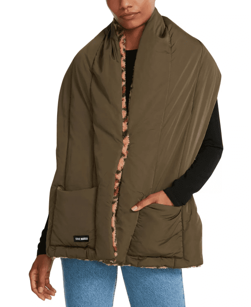 Steve Madden Womens Puffer Snap Poncho W/Pockets One Size Green/Animal - Image 2