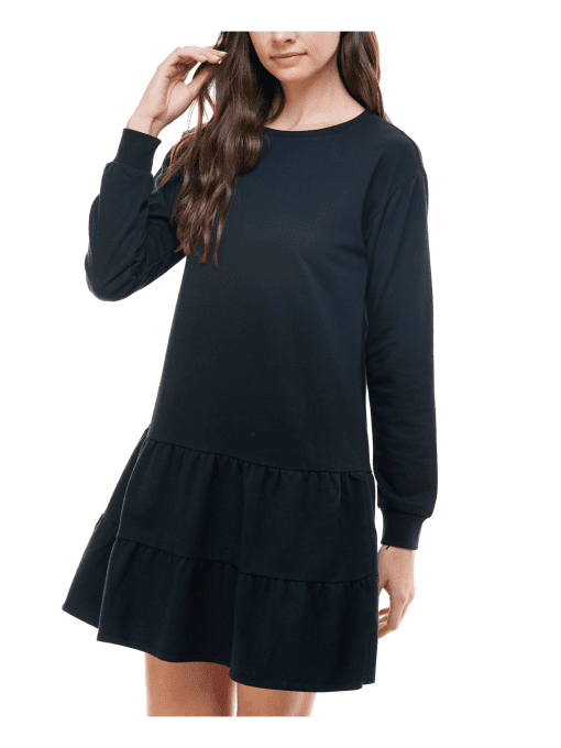 Womens Ruffled Long Sleeve Crew Neck Short A-Line Dress XS Black - Image 2