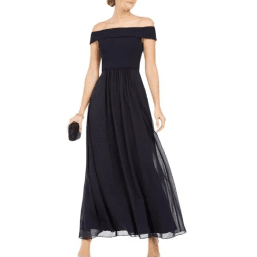 Adrianna Papell Off-The-Shoulder Chiffon Gown Midnight Navy Blue 14 - Image 2