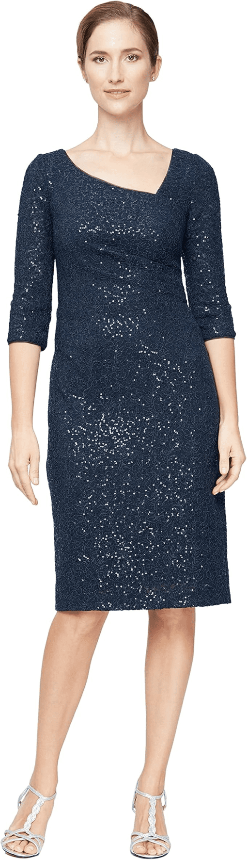 Alex Evenings Asymmetric Embellished Lace Sh Navy 14 - Image 2