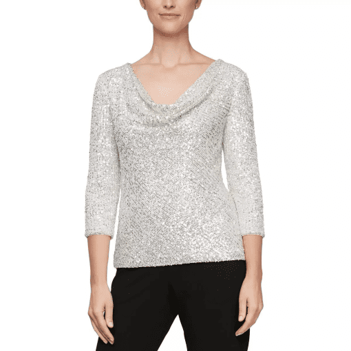 Alex Evenings Petite Sequined Cowlneck 34-S Ivory Silver PM - Image 2