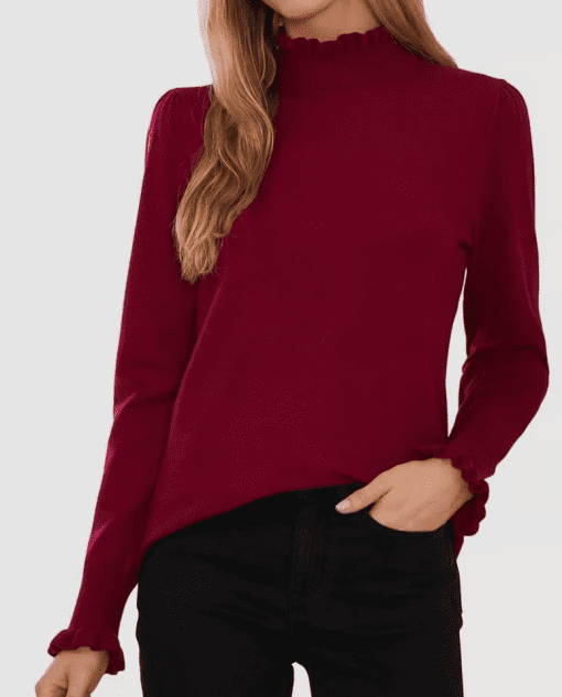 CeCe Womens Mock Neck Long Sleeve Deep Merlot XS - Image 2