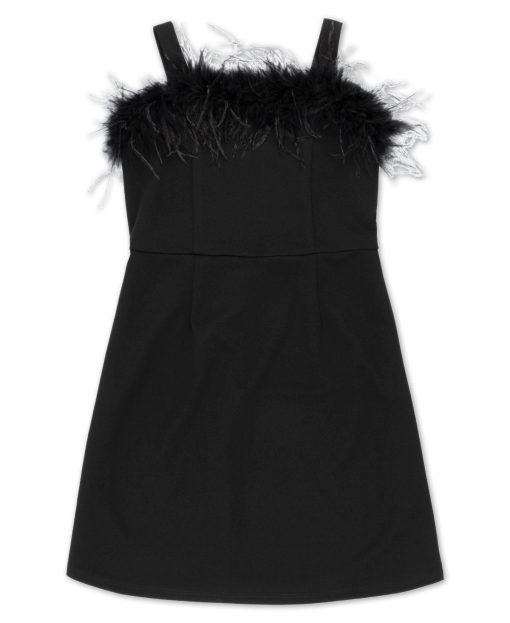 Speechless Big Girls Square Neck a Line Feather Trim Dress - Black  12