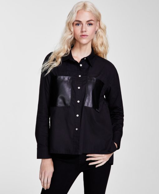 DKNY Jeans Black Faux Leather Pocket Shirt - Size S - Women's Tops