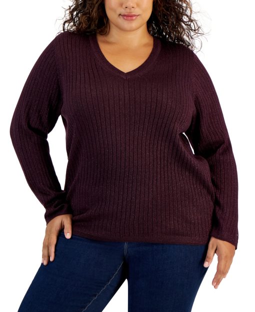 Tommy Hilfiger Plus Size Ribbed Metallic-Thre Aubergine 1X