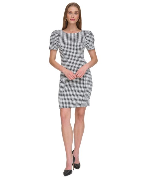 Dkny Women's Gingham Jewel-Neck Puff-Sleeve Sheath Dress - Black/Cream 2